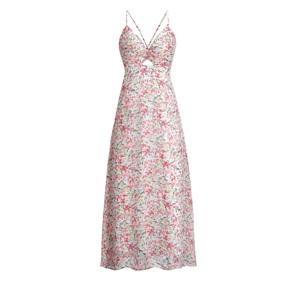 ZAFUL Spaghetti Strap Floral Hollow Twist Front Sexy Cutout Backless Dress